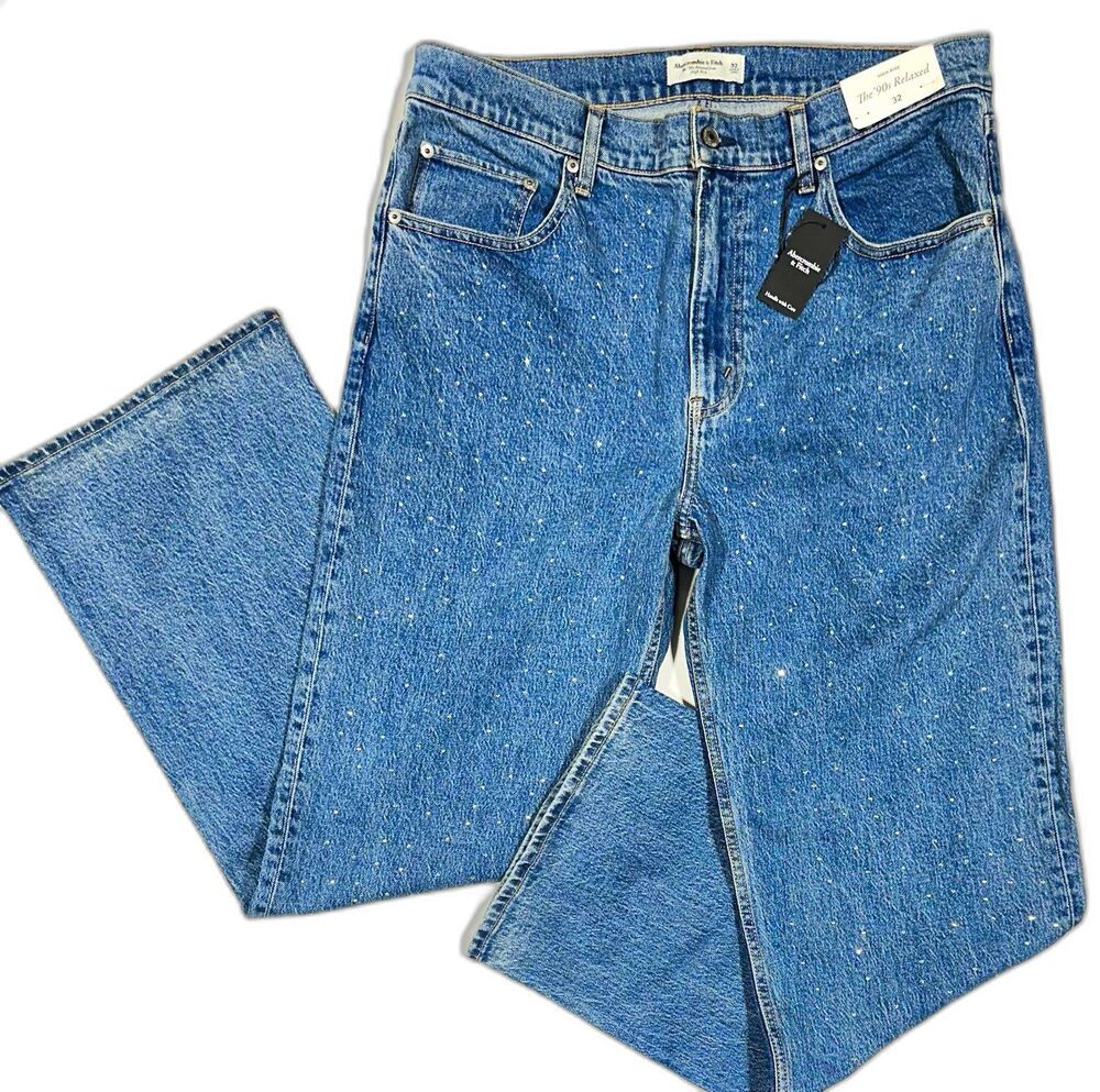 NWT Abercrombie & Fitch 90s Relaxed High Rise Jeans 32 Rhinestone Denim $120